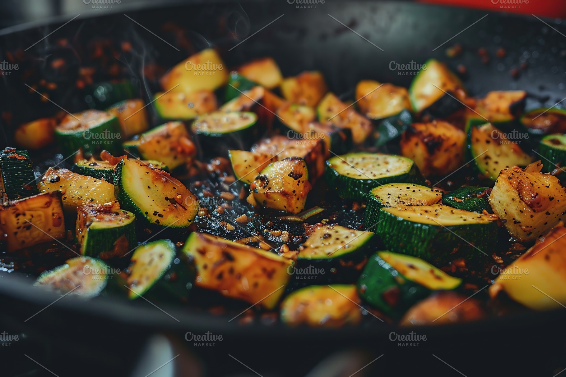 Grilled zucchini pieces in pan, a Food & Drink Photo by AlyaAnd