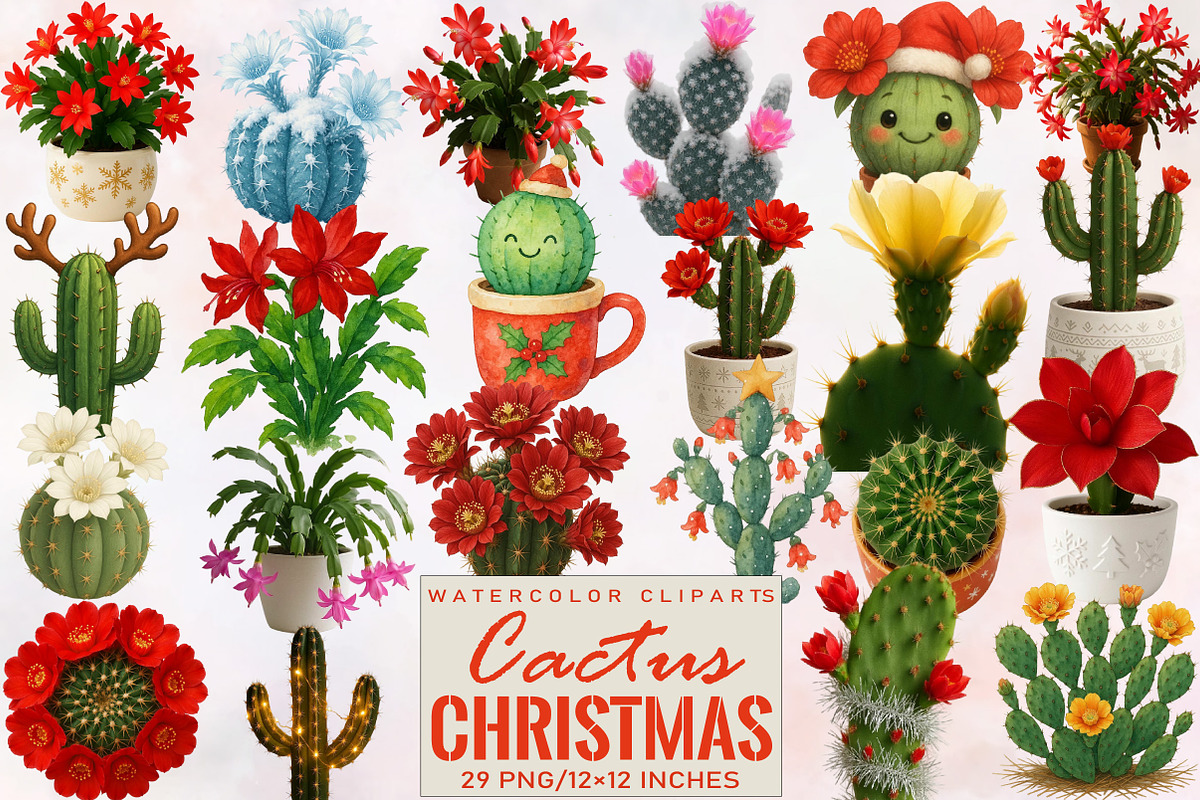 Watercolor Christmas Cactus Clipart, an Illustration by SVGArt (Photo 1 of 8)
