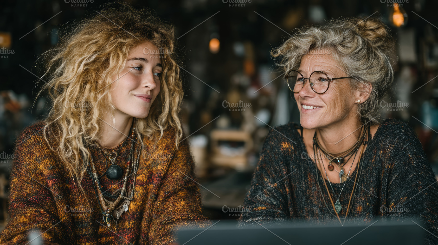 Two women enjoying a conversation in a cozy and warm artistic setting, a Person Photo by AS photostudio