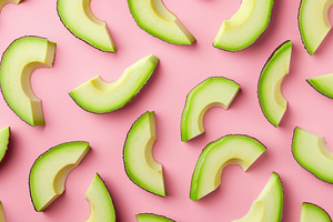 Pattern of fresh avocado pieces on pink background, a Food & Drink Photo by AlyaAnd