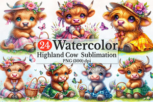 Watercolor Cute Highland Cow Clipar