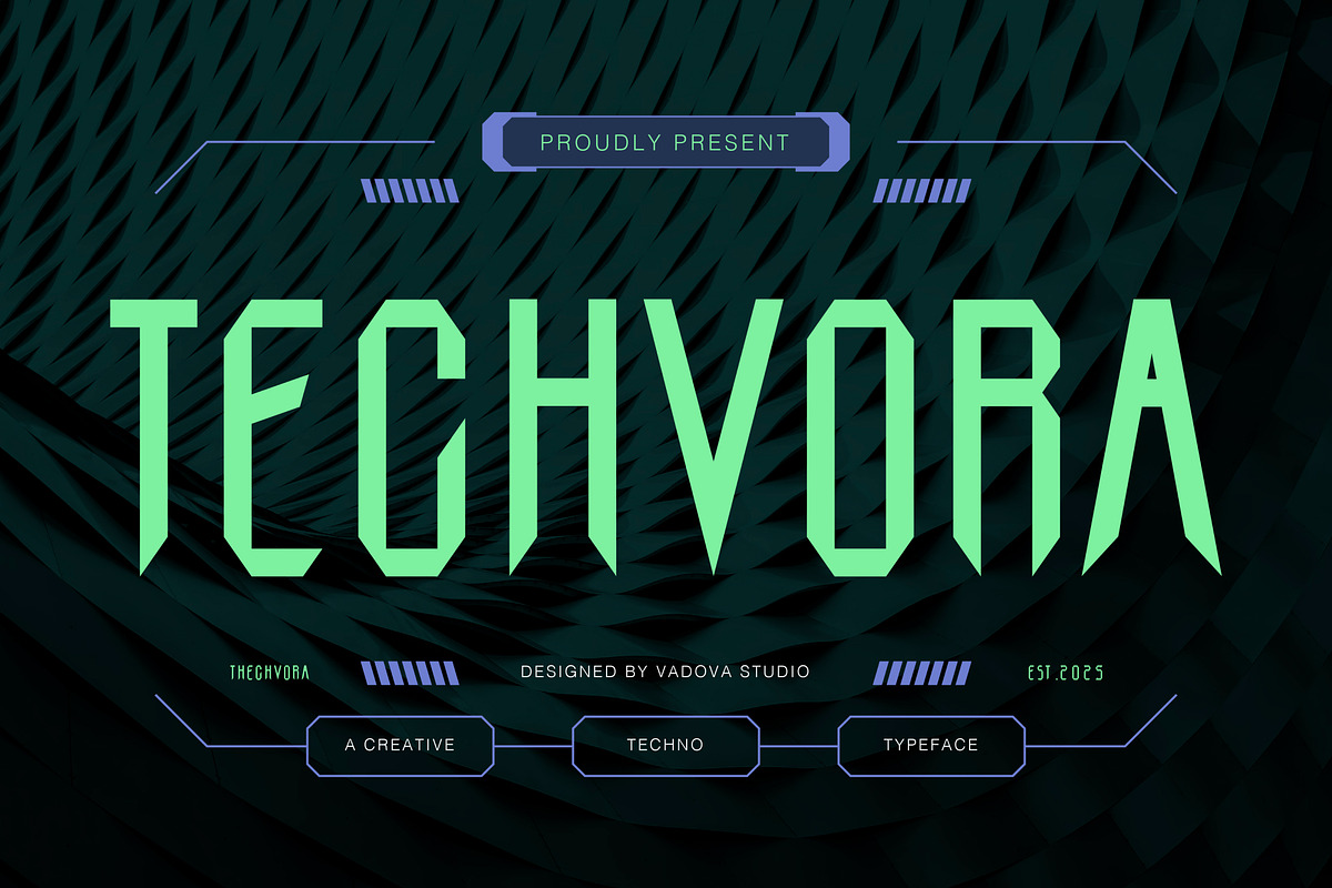 Techvora Creative Techno Font, a Sans Serif Font by Vadovastd (Photo 1 of 7)