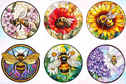 Bee with Flowers Round Stained Glass, an Illustration by Canvas Craft (Thumbnail 2 of 4)