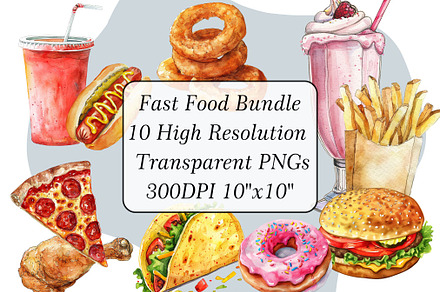 10 Fast Food Watercolor Illustration, a Food Illustration by 1801Prints