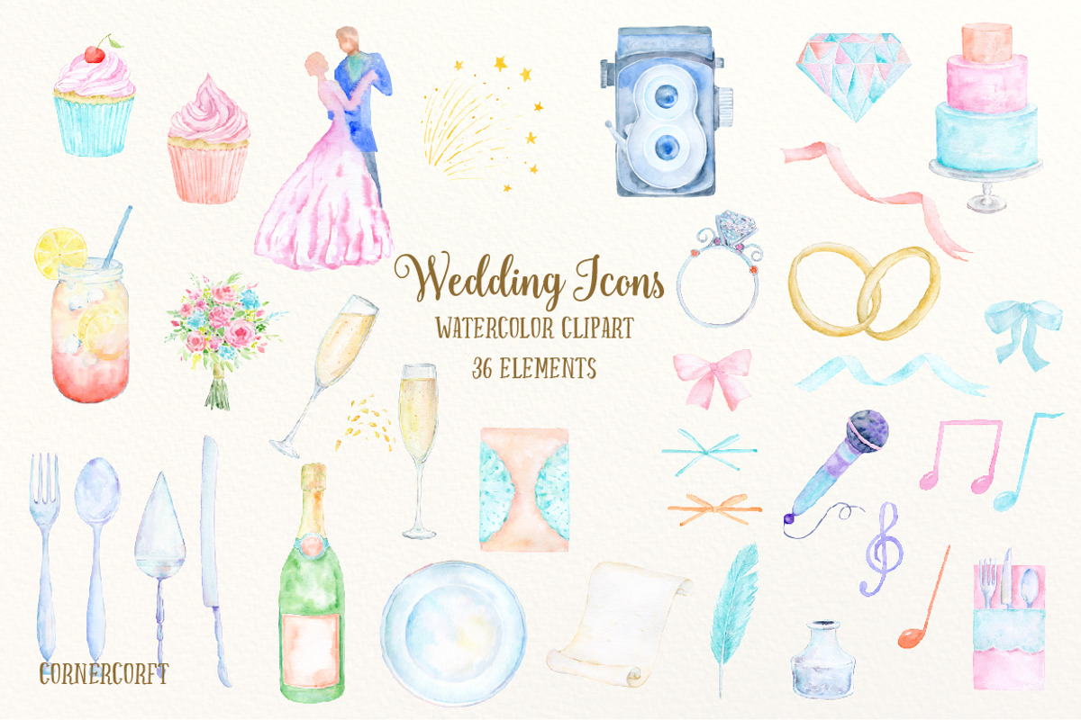 Watercolor Clipart Wedding Icons, an Illustration by Corner Croft (Photo 2 of 4)