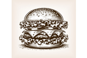 cheeseburger with lettuce engraving, a Food Illustration by AlexArt