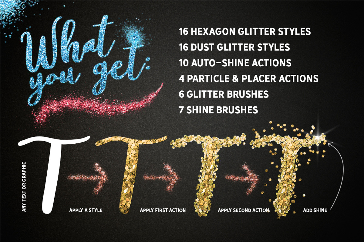GLITTER PRO Styles, Actions, Brushes, a Layer Style Add-On by Graphic Spirit (Photo 3 of 12)