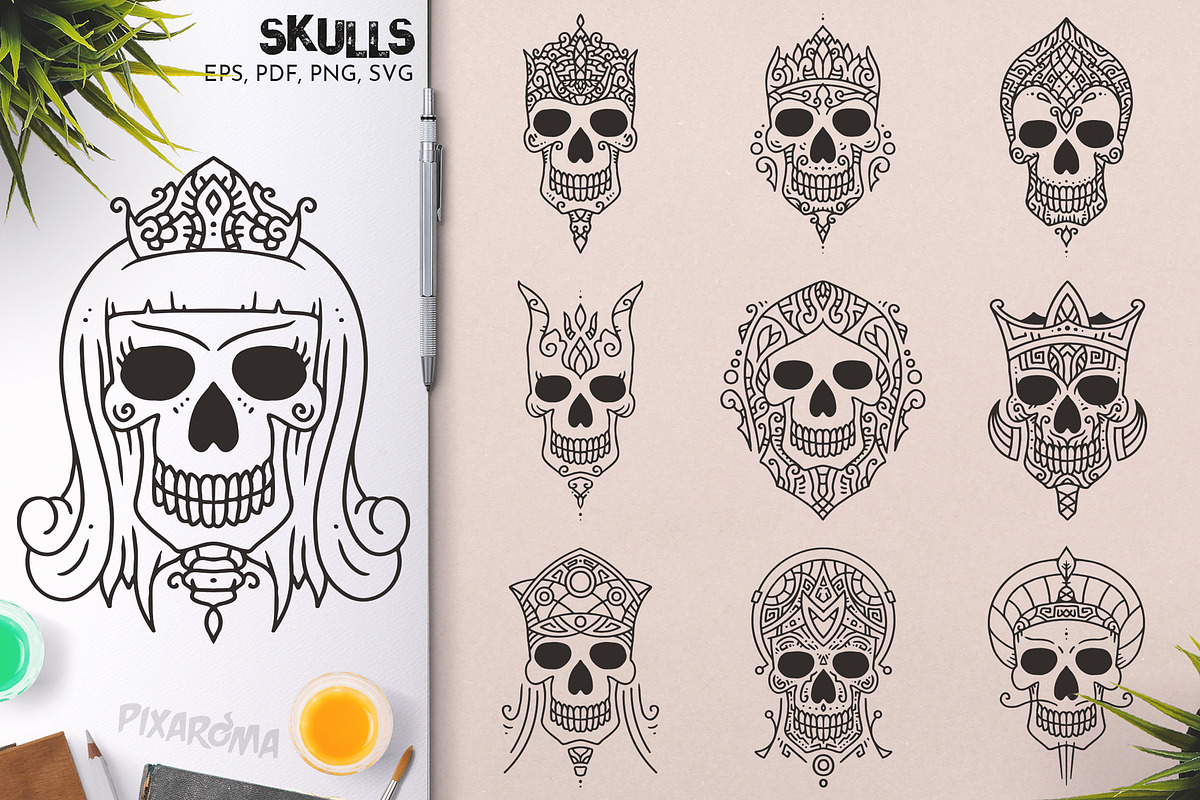 100 Decorative Vector Skulls, a Decorative Illustration by pixaroma (Photo 17 of 37)