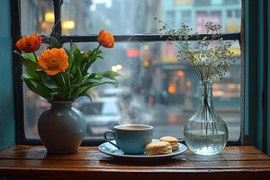 Cozy cafe window with flowers and st, a Photo by Tanuart