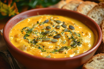 Pumpkin soup with cream and seeds, a Food & Drink Photo by AlyaAnd
