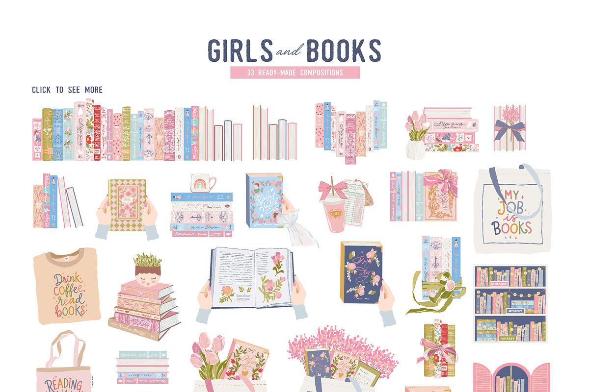 Book Lovers Clipart. Girls and Books, an Object Illustration by VerAna (Photo 4 of 24)