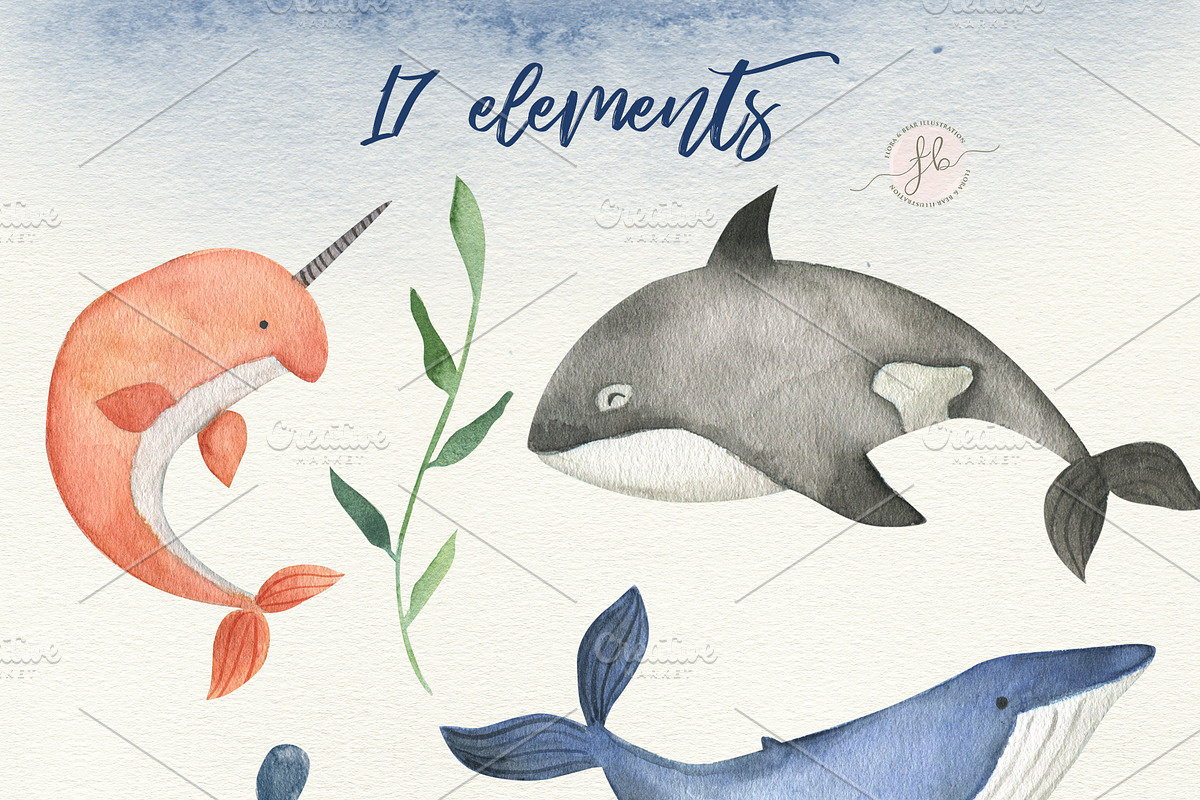 Whales Watercolor Clipart, a Texture Illustration by Flora+Bear (Photo 2 of 6)