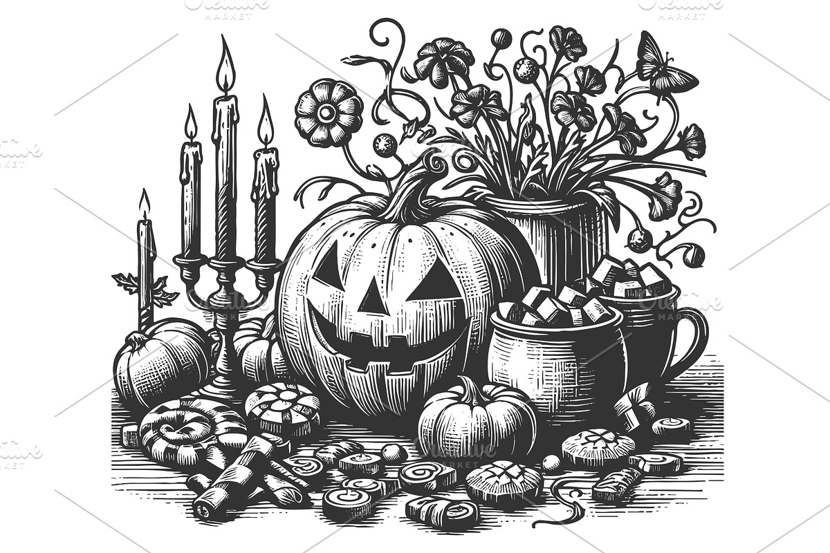 Halloween pumpkin with candles and, an Illustration by AlexArt