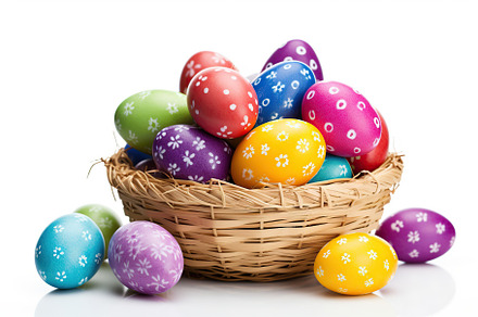 Basket with colorful easter eggs isolated on white background, a Holiday Photo by AlyaAnd
