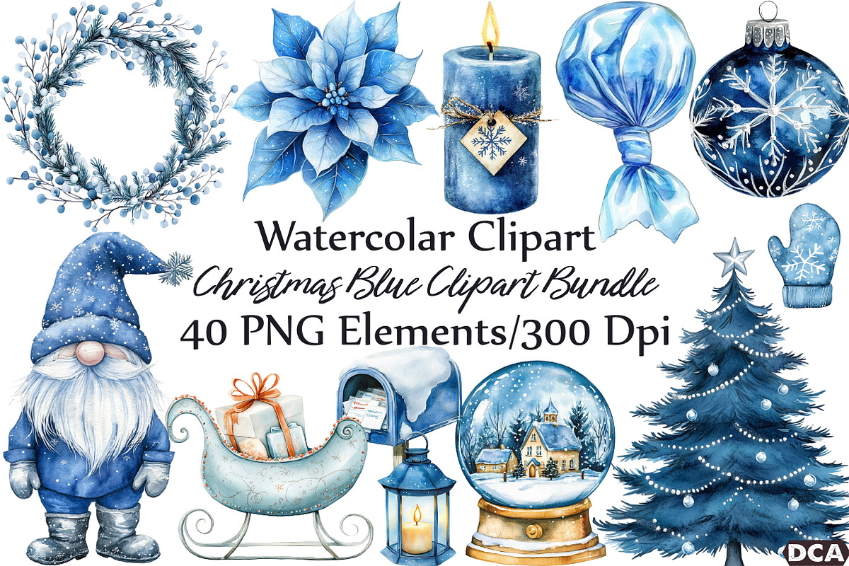 Christmas Blue Clipart PNG, an Illustration by DreamCafeArt (Photo 1 of 7)