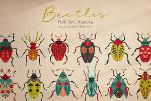Folk art insects. Beetles collection, a Decorative Illustration by Neliakott ♥