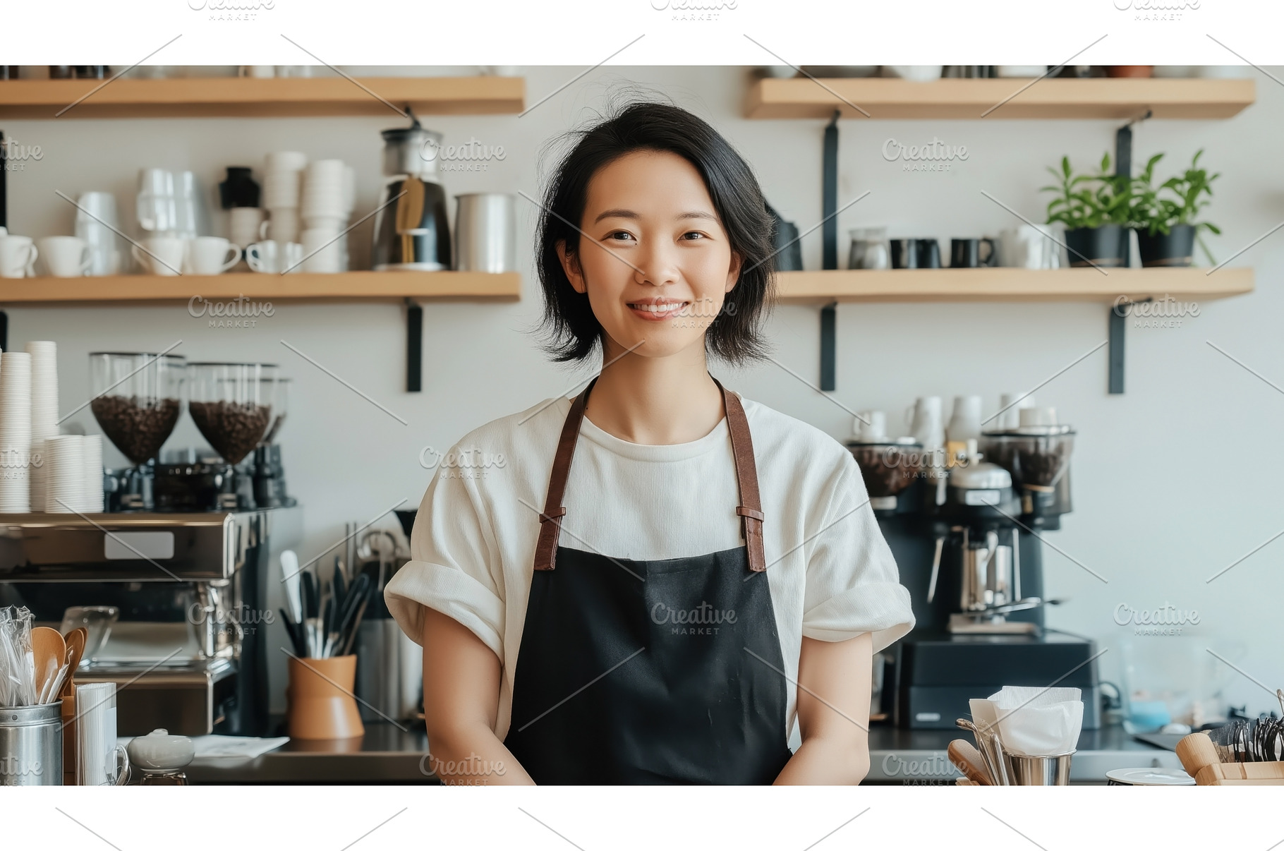 Asian female barista smiling behind, a Person Photo by Sergey Kotenev