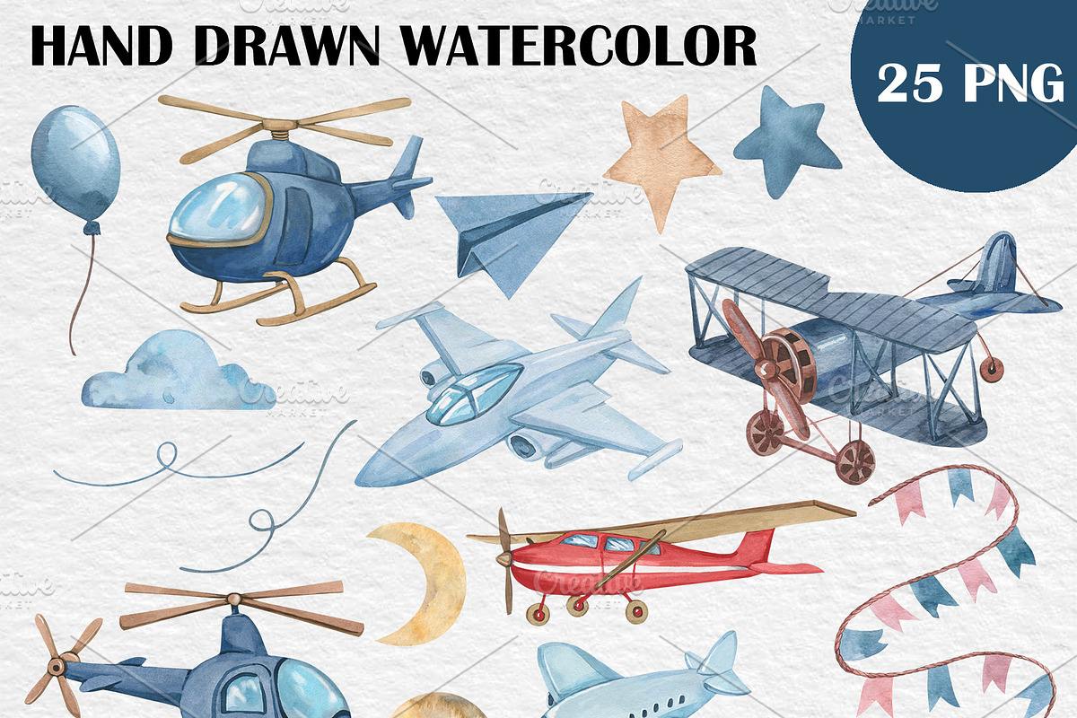Watercolor Airplanes Clipart, a Transportation Illustration by PatternPalette (Photo 2 of 2)