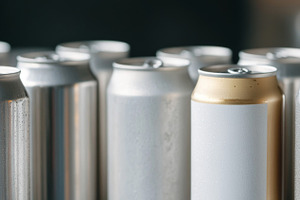 Close-up of multiple silver beer cans with blank surface as mock, a Photo by Dvoevnore photos