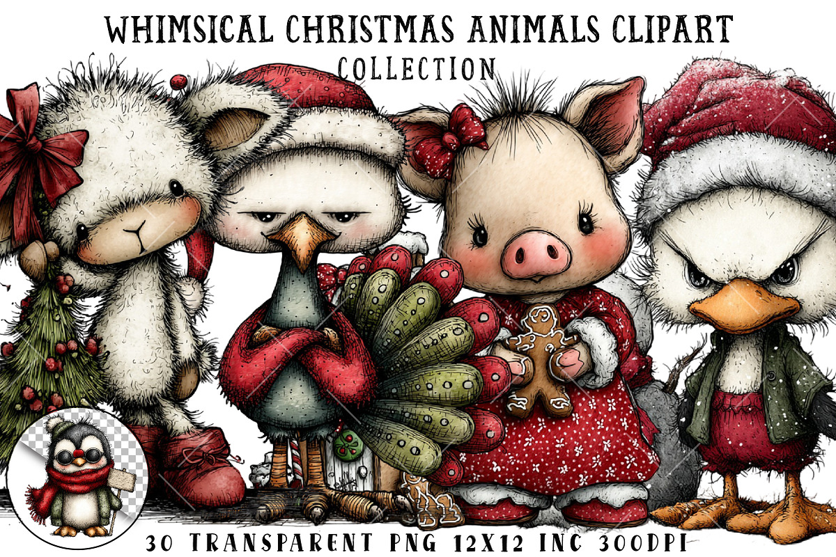 Whimsical Christmas Animals Clipart, an Illustration by OK Design (Photo 1 of 6)