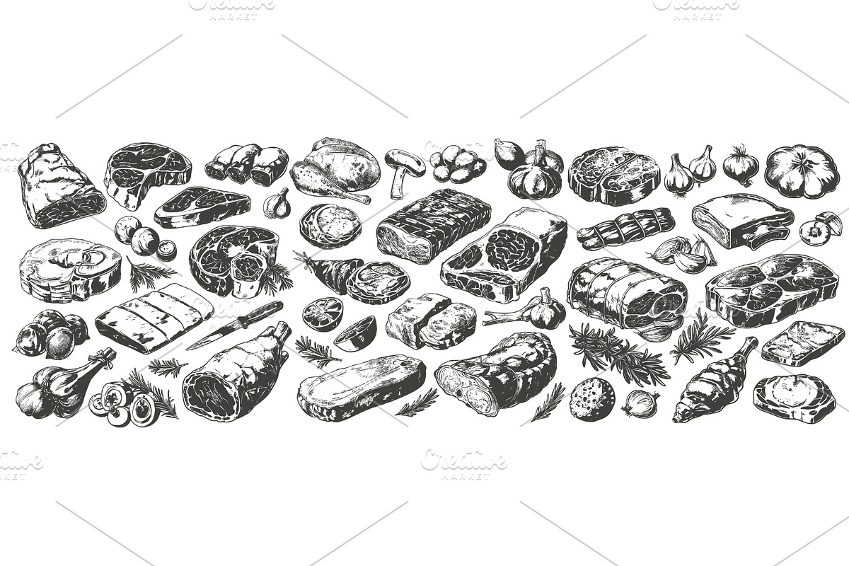 Raw meat sketches. Beef steak, a Food Illustration by Stock-Smart-Start