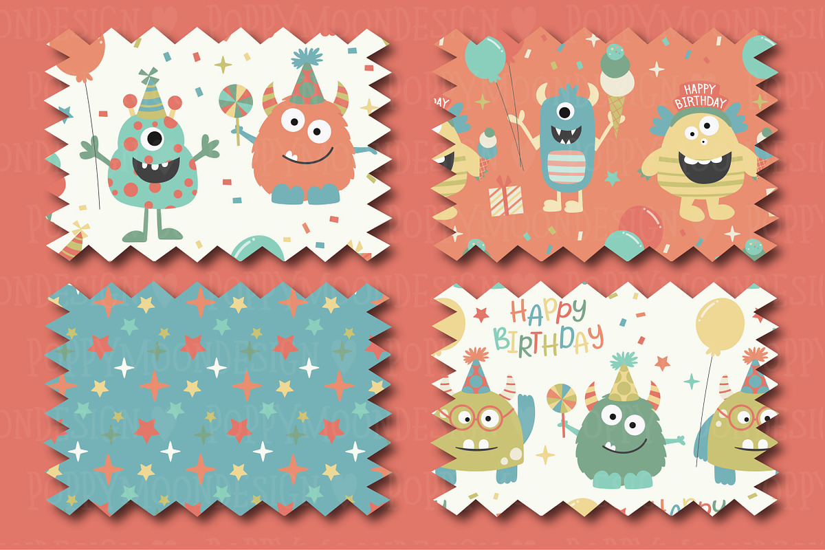 Monster party clipart & paper set, an Illustration by Poppymoondesign (Photo 4 of 5)