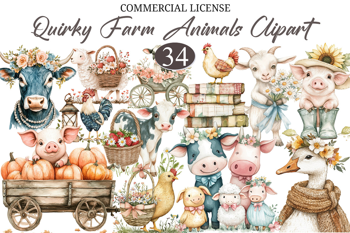 Quirky Farm Animals Clipart PNG, a Seasonal Illustration by designcity5 (Photo 1 of 5)
