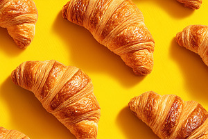 Golden, flaky croissants on a yellow, a Food & Drink Photo by MistyDay