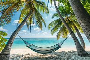 Beach hammock hanging between palm trees, a Photo by AlyaAnd