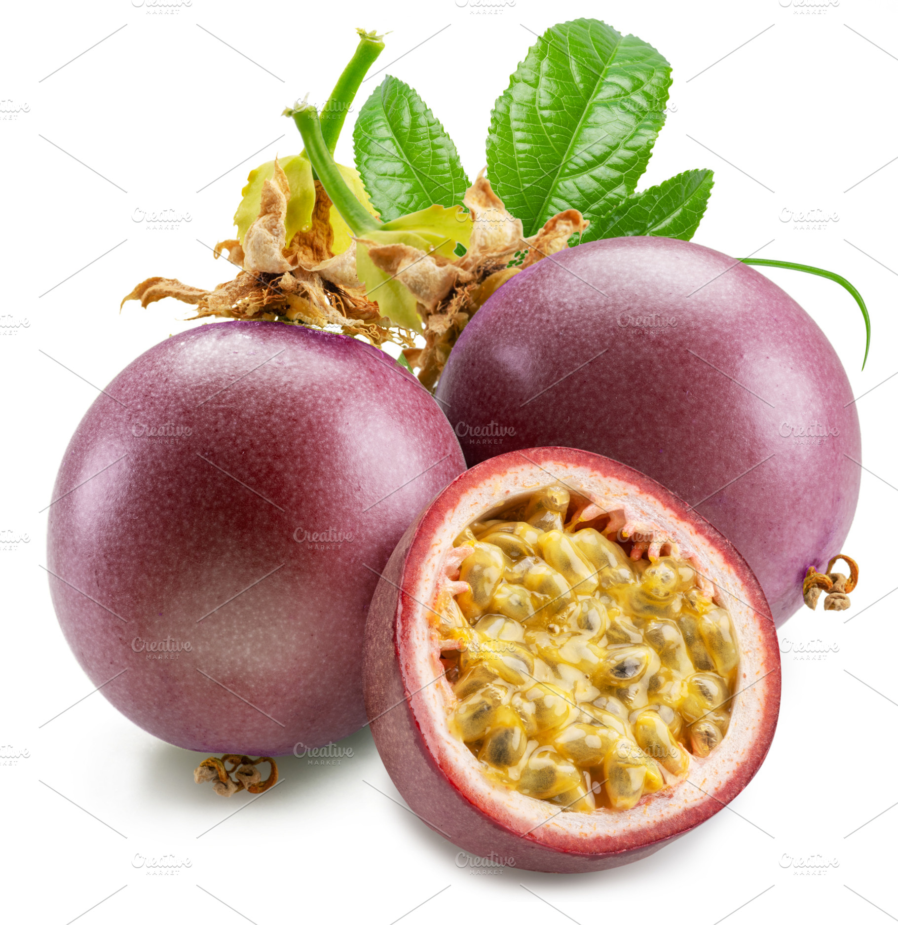 Dark purple passion fruits and it's half with seedly interior on, a Food & Drink Photo by Volff