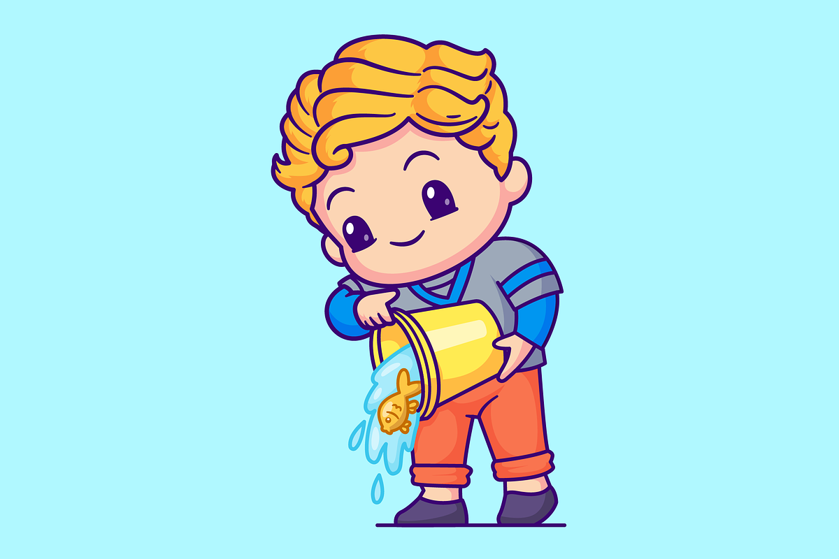 Cute Man Pouring Fish From Bucket, a Person Illustration by Catalyst Labs (Photo 3 of 3)