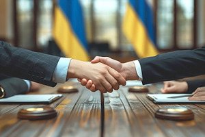 Two business professionals shake hands in a formal setting, symb, a Person Photo by ImageMir