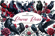 Watercolor Raven and Red Roses, an Illustration by CreationArt (Thumbnail 1 of 5)