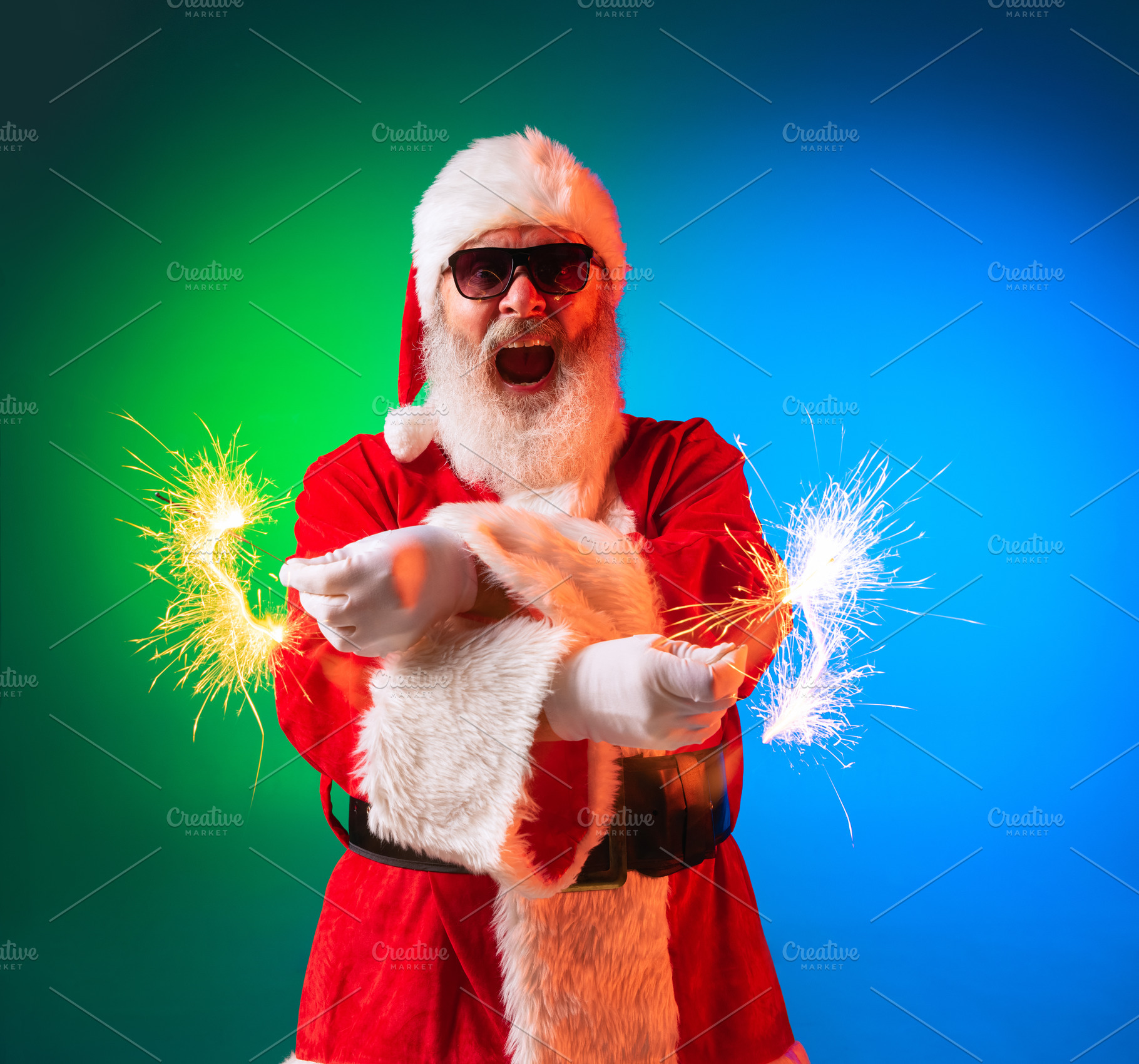 Close-up Happy stylish Santa Claus having fun with bright sparklers, awaiting f, a Person Photo by Volodymyr Melnyk