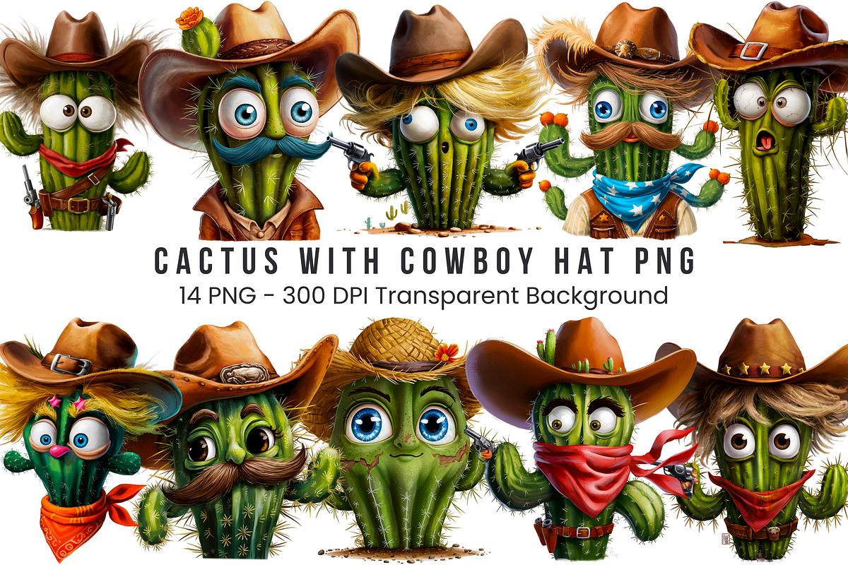 Cactus with Cowboy Hat PNG Bundle, a Graphic by Clipart Bloom (Photo 1 of 15)