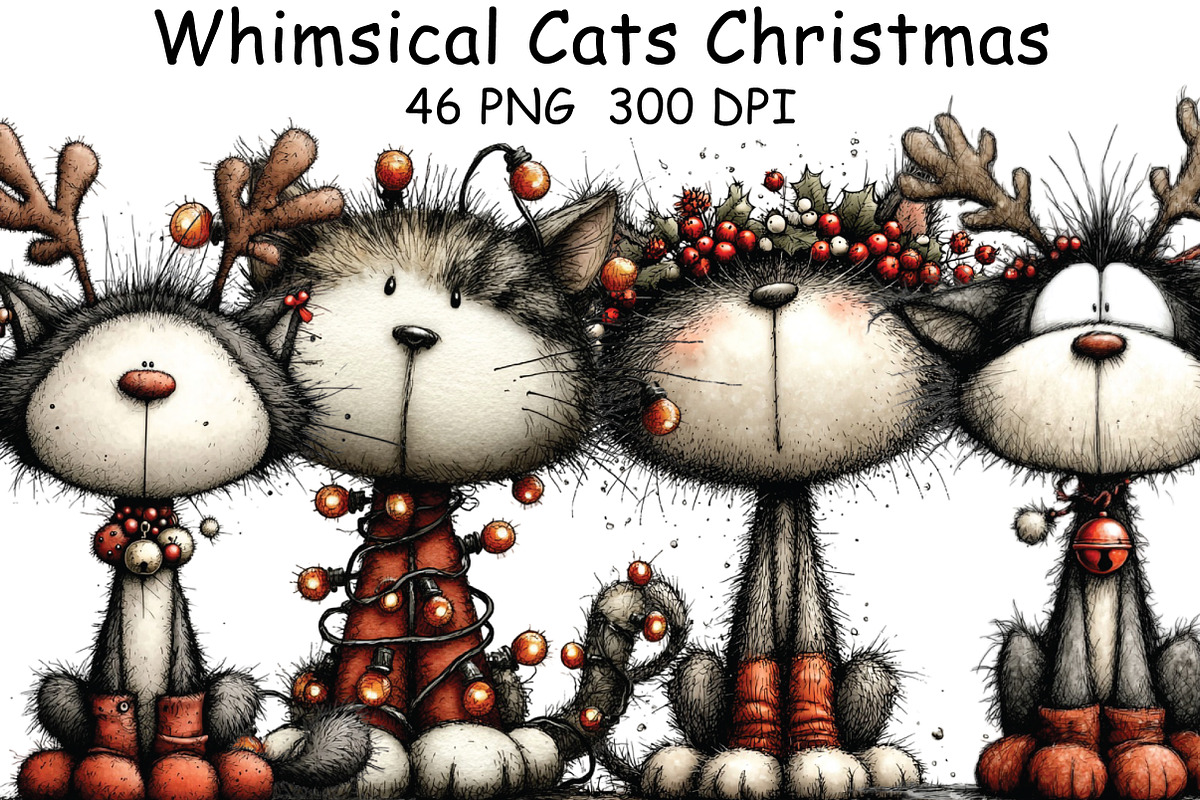 Whimsical Cats Christmas Clipart, an Illustration by CraftArtStudio (Photo 1 of 6)
