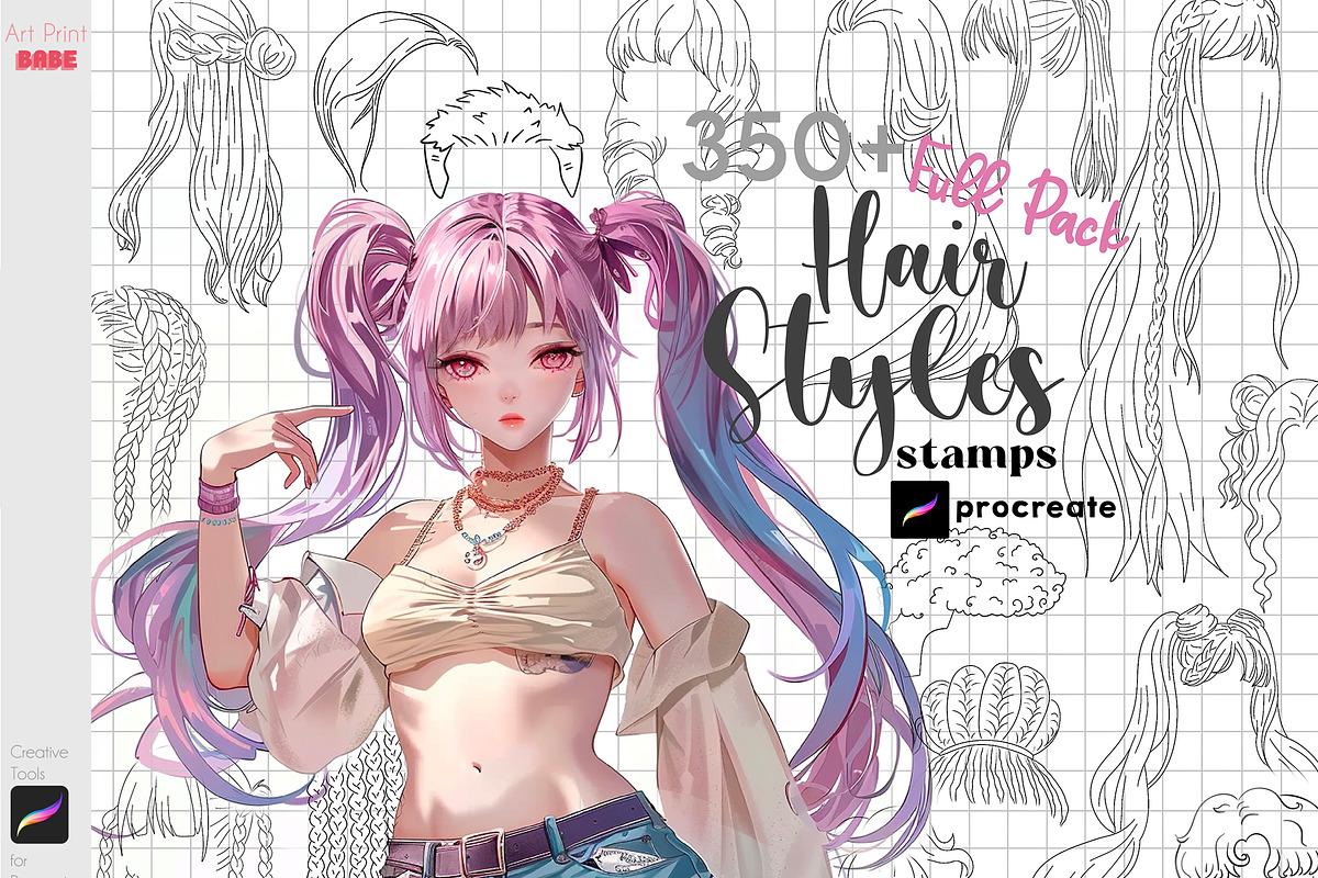 Procreate Hair Styles Anime Chibi, a Brush Add-On by ArtPrintBabe (Photo 1 of 14)