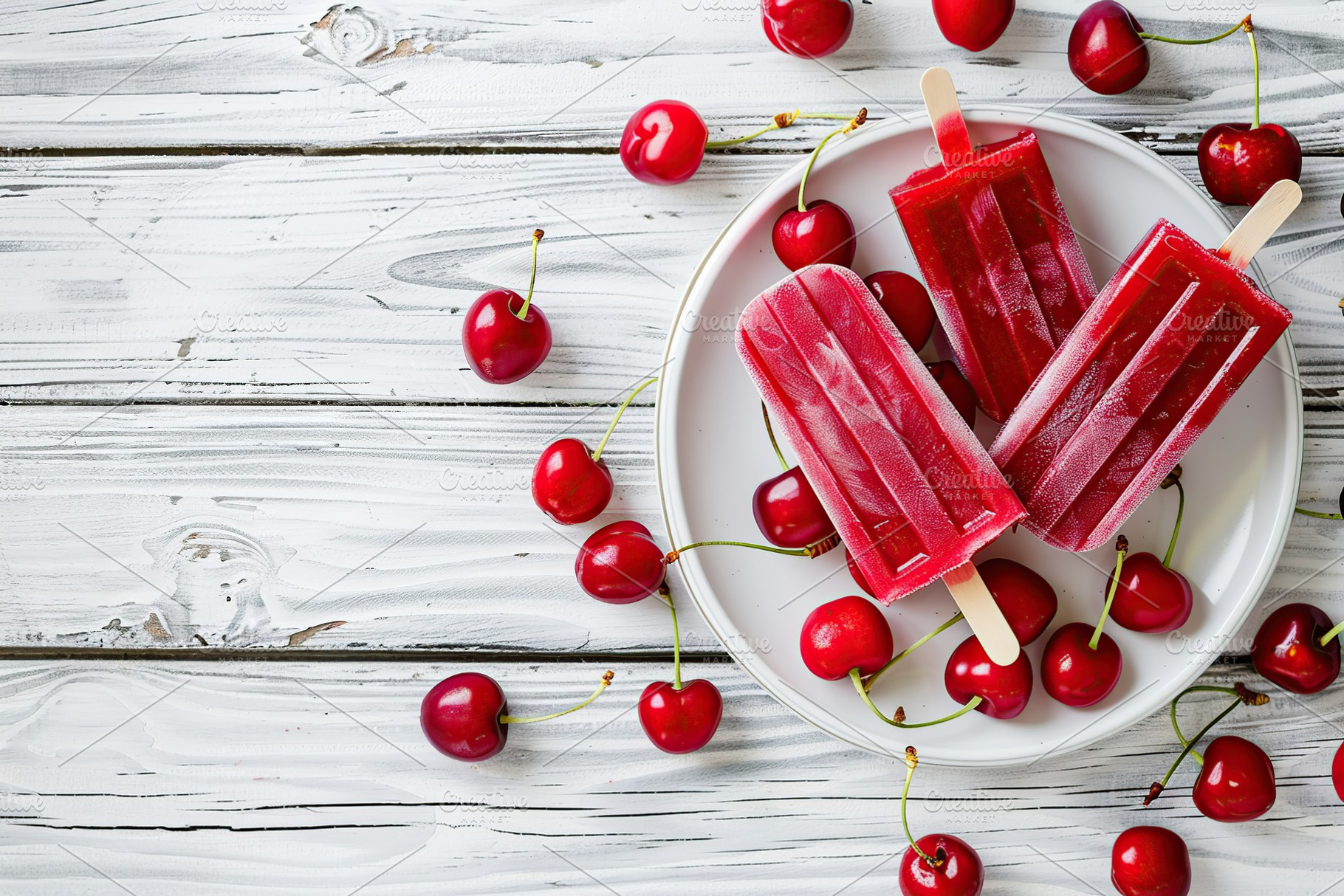 Ice cream popsicles with red cherries on wooden background, a Food & Drink Photo by AlyaAnd