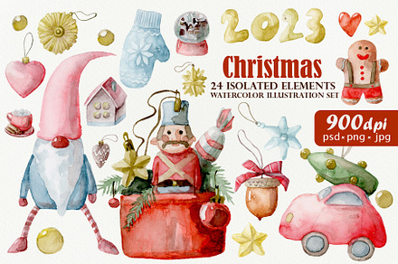 Cute watercolor Christmas set