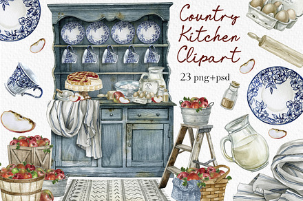 Watercolor vintage kitchen clipart, an Illustration by yana.fefelova