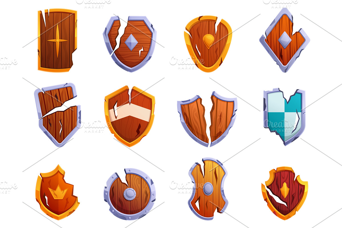 Broken shields medieval icons. War, an Illustration by Valerie Bodnar