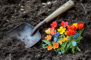 Garden shovel and colorful spring fl, a Photo by Pixeness Studio