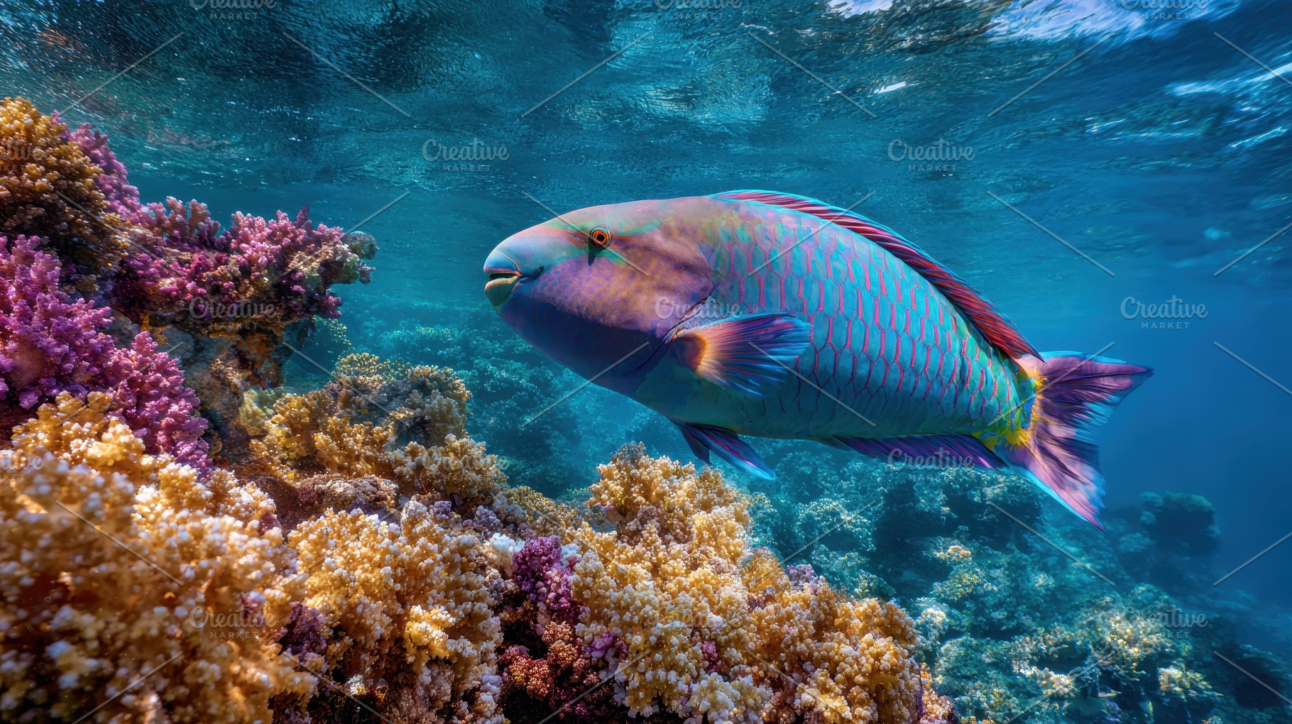 Colorful fish swims through coral, a Photo by Pavel_design