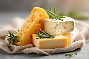 Cheeses displayed elegantly on a rustic cloth with fresh rosemary accents in a, a Food & Drink Photo by AlyaAnd