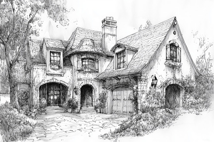 A detailed sketch of a charming Country French house style with a sloped roof,, an Architecture Photo by Textures & Backgrounds