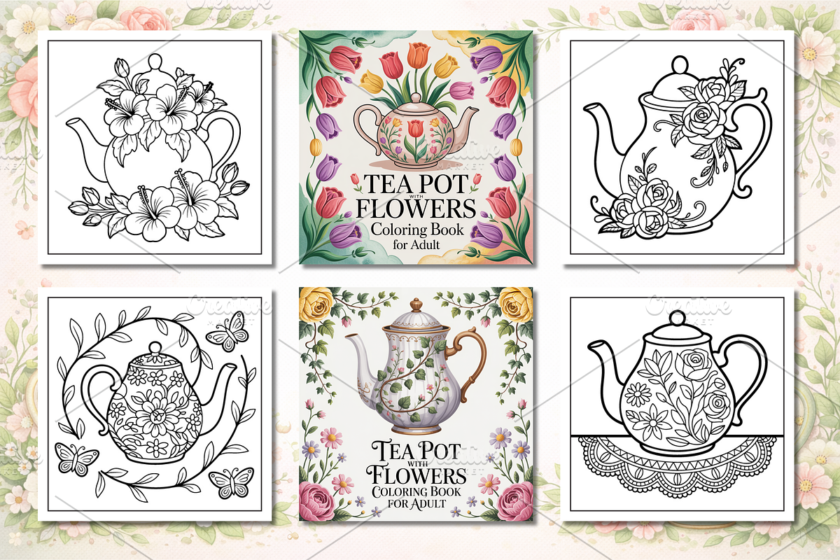 Floral Tea-Pot Coloring Pages, a Decorative Illustration by Neon Studio (Photo 2 of 3)