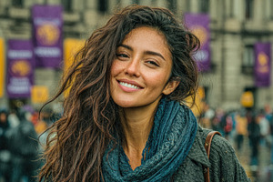 Smiling young woman with long wavy hair and scarf at peaceful ci, a Person Photo by José Manuel Gelpi