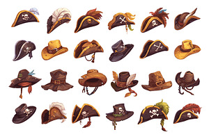 Cartoon Pirate Hats Icon Set. White, an Object Illustration by LadadikArt