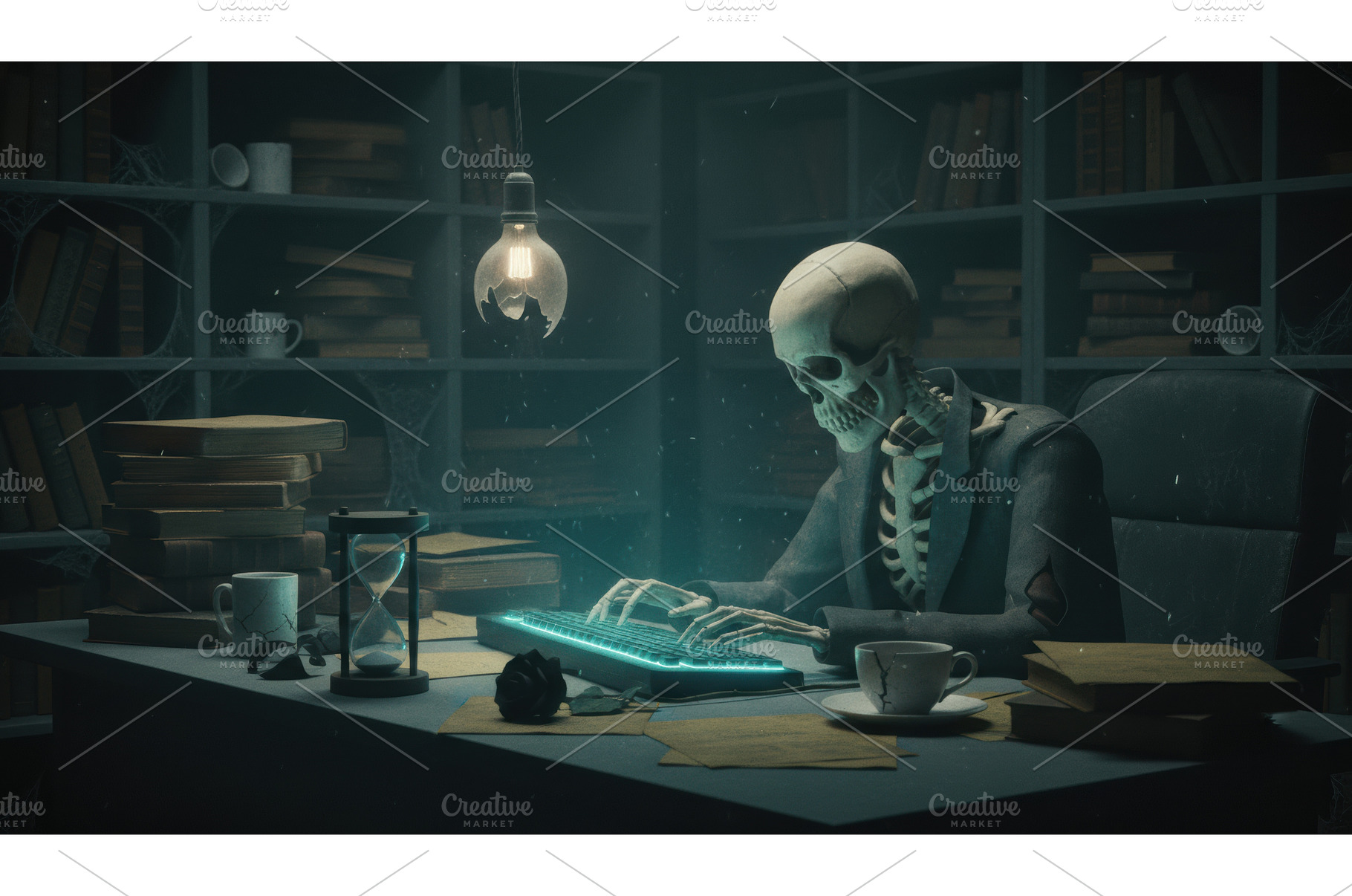 Skeleton in a suit typing on a, a Technology Photo by Igor Tichonow