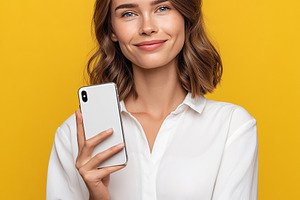 Smiling young woman holding phone, a Technology Photo by MistyDay